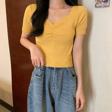 Load image into Gallery viewer, Summer Women Knitted T Shirt Fashion v-neck Collar Puff Short Sleeve Slim Short Tees Casual Solid Chic Ladies Top 2021