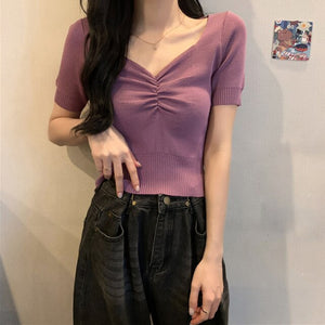 Summer Women Knitted T Shirt Fashion v-neck Collar Puff Short Sleeve Slim Short Tees Casual Solid Chic Ladies Top 2021