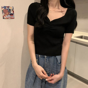 Summer Women Knitted T Shirt Fashion v-neck Collar Puff Short Sleeve Slim Short Tees Casual Solid Chic Ladies Top 2021