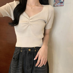 Summer Women Knitted T Shirt Fashion v-neck Collar Puff Short Sleeve Slim Short Tees Casual Solid Chic Ladies Top 2021