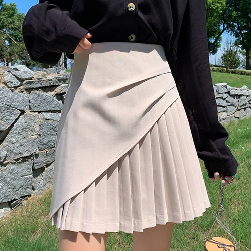 Summer Women Korean Harajuku High Waist Skirt Irregular Folds Skirt Ladies Casual Solid Mini Sweet A-Line Short Skirt Female