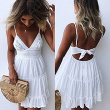 Load image into Gallery viewer, Summer Women Lace Dress Sexy Backless V-neck Beach Dresses 2019 Fashion Sleeveless Spaghetti Strap White Casual Mini Sundress