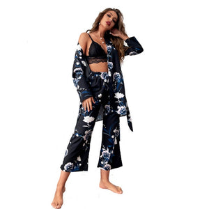 Summer Women Leopard Pyjamas Print Out Fit Sets Long Sleeve Nightgown Lace Top with Trouser  Sleepwear Suit