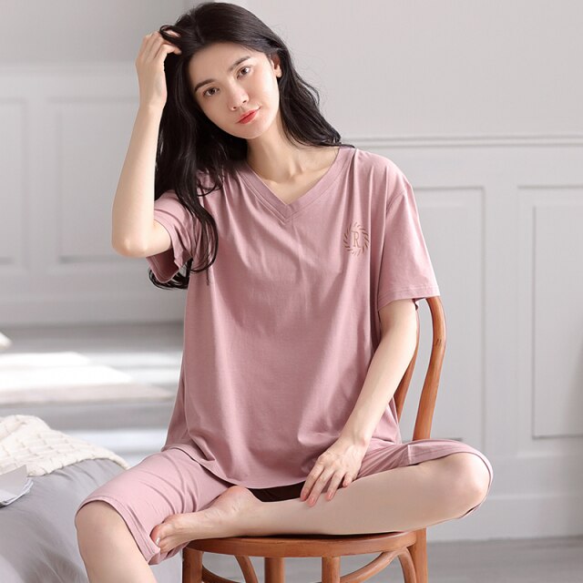 Summer Women Pajamas Set Soild Modal Cotton Nightwear Short Sleeve + Calf-Length Pants Sleepwear Girls Fashion XXL Homewear
