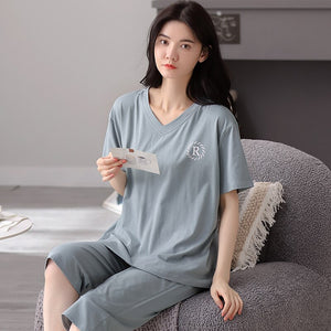 Summer Women Pajamas Set Soild Modal Cotton Nightwear Short Sleeve + Calf-Length Pants Sleepwear Girls Fashion XXL Homewear