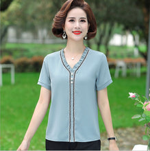Load image into Gallery viewer, Summer Women'S Clothing Fungus V-Neck Pullover Chiffon Shirt Short Sleeve Tee Middle-Aged Mother Blouse T-Shirt Top
