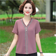 Load image into Gallery viewer, Summer Women'S Clothing Fungus V-Neck Pullover Chiffon Shirt Short Sleeve Tee Middle-Aged Mother Blouse T-Shirt Top