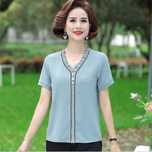 Load image into Gallery viewer, Summer Women'S Clothing Fungus V-Neck Pullover Chiffon Shirt Short Sleeve Tee Middle-Aged Mother Blouse T-Shirt Top