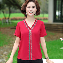 Load image into Gallery viewer, Summer Women'S Clothing Fungus V-Neck Pullover Chiffon Shirt Short Sleeve Tee Middle-Aged Mother Blouse T-Shirt Top
