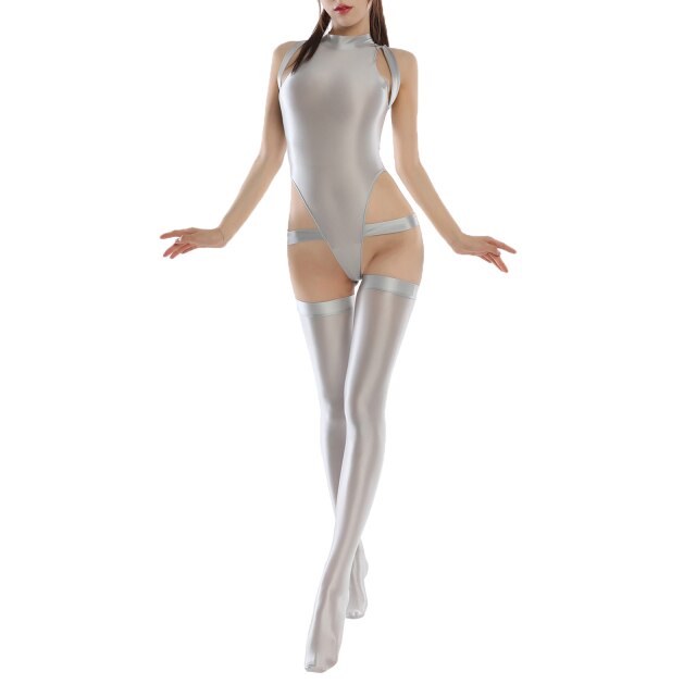Summer Women Sexy Suit Sleeveless Body Suit Shiny Glossy Cutout High Cut One Piece Swimsuit Tight Bodysuit+Stocking Bathing Suit