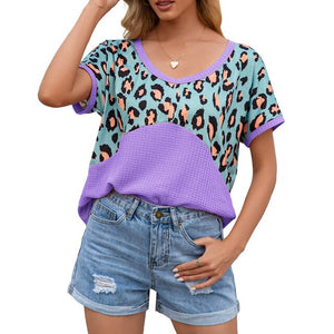 Summer Women Shirt Leopard Splicing Waffle Knit V Neck Tees Back Hollow Out Loose Casual Tunic Mujer Tops Female T-Shirts