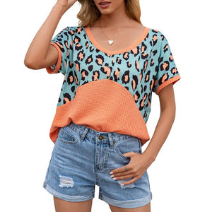 Summer Women Shirt Leopard Splicing Waffle Knit V Neck Tees Back Hollow Out Loose Casual Tunic Mujer Tops Female T-Shirts