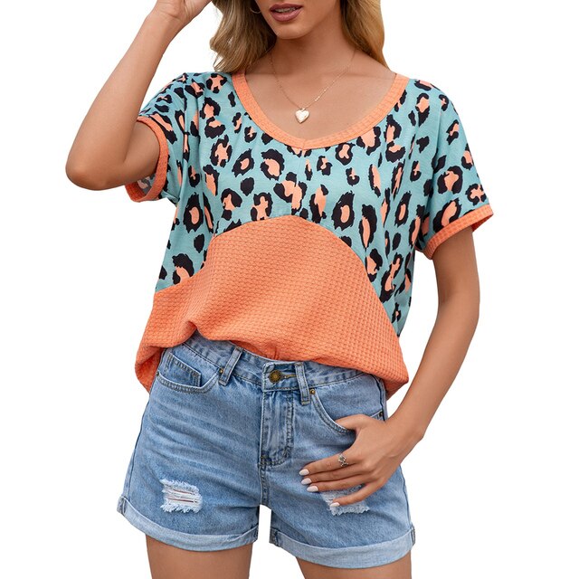 Summer Women Shirt Leopard Splicing Waffle Knit V Neck Tees Back Hollow Out Loose Casual Tunic Mujer Tops Female T-Shirts