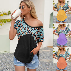 Summer Women Shirt Leopard Splicing Waffle Knit V Neck Tees Back Hollow Out Loose Casual Tunic Mujer Tops Female T-Shirts