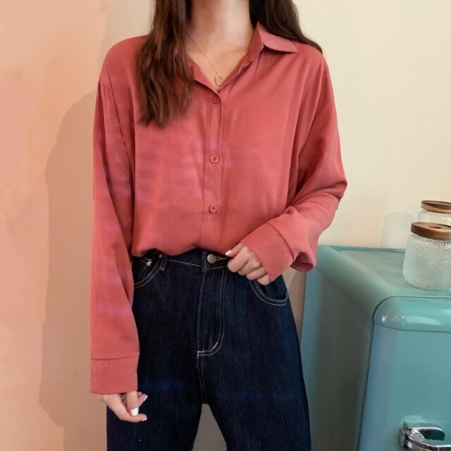 Summer Women Solid Shirt Office Ladies Casual Loose Tops And Shirts Female Fashion Korean Long Sleeves Blouses Chic