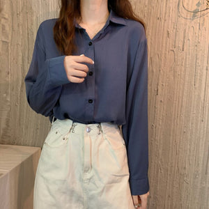 Summer Women Solid Shirt Office Ladies Casual Loose Tops And Shirts Female Fashion Korean Long Sleeves Blouses Chic