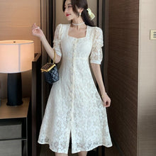 Load image into Gallery viewer, Summer Women Sweet Lace Elegant Square Collar Single Breasted Midi Dress Female 2021 Retro Casual A-Line Party Dress Vestidos