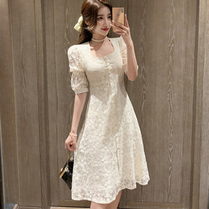 Summer Women Sweet Lace Elegant Square Collar Single Breasted Midi Dress Female 2021 Retro Casual A-Line Party Dress Vestidos