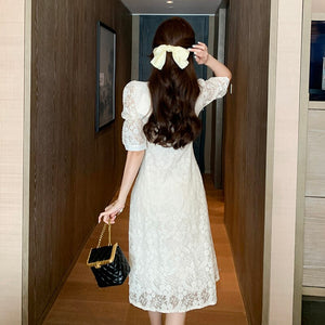 Summer Women Sweet Lace Elegant Square Collar Single Breasted Midi Dress Female 2021 Retro Casual A-Line Party Dress Vestidos