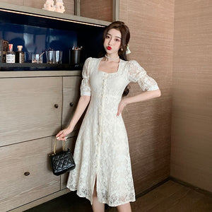 Summer Women Sweet Lace Elegant Square Collar Single Breasted Midi Dress Female 2021 Retro Casual A-Line Party Dress Vestidos