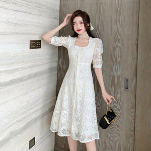Summer Women Sweet Lace Elegant Square Collar Single Breasted Midi Dress Female 2021 Retro Casual A-Line Party Dress Vestidos
