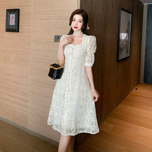 Summer Women Sweet Lace Elegant Square Collar Single Breasted Midi Dress Female 2021 Retro Casual A-Line Party Dress Vestidos