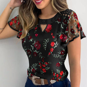Summer Women T-Shirts Ladies Elegant Butterfly Short Sleeves Solid Color Hollow Out Loose Floral Embroidery Casual Female Tops