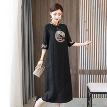 Load image into Gallery viewer, Summer Women Vintage Embroidery Chinese Style Improved Cheongsam Half Sleeve Loose Stand Collar Retro Buckle Midi Dress Female