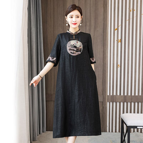 Summer Women Vintage Embroidery Chinese Style Improved Cheongsam Half Sleeve Loose Stand Collar Retro Buckle Midi Dress Female