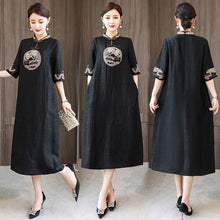 Load image into Gallery viewer, Summer Women Vintage Embroidery Chinese Style Improved Cheongsam Half Sleeve Loose Stand Collar Retro Buckle Midi Dress Female