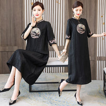 Load image into Gallery viewer, Summer Women Vintage Embroidery Chinese Style Improved Cheongsam Half Sleeve Loose Stand Collar Retro Buckle Midi Dress Female