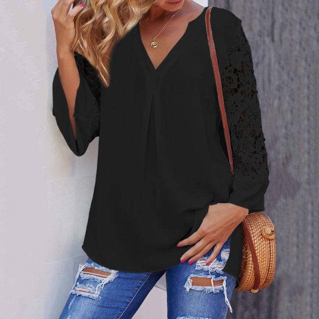 Summer Women White Blouse V-Neck Lace Shirts 3/4 Sleeve Sexy Hollow Out Tunic Tops Casual Loose Solid Office Blusas S-5XL