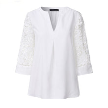 Load image into Gallery viewer, Summer Women White Blouse V-Neck Lace Shirts 3/4 Sleeve Sexy Hollow Out Tunic Tops Casual Loose Solid Office Blusas S-5XL