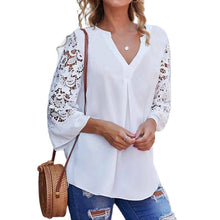 Load image into Gallery viewer, Summer Women White Blouse V-Neck Lace Shirts 3/4 Sleeve Sexy Hollow Out Tunic Tops Casual Loose Solid Office Blusas S-5XL