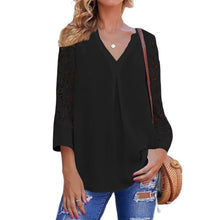 Load image into Gallery viewer, Summer Women White Blouse V-Neck Lace Shirts 3/4 Sleeve Sexy Hollow Out Tunic Tops Casual Loose Solid Office Blusas S-5XL