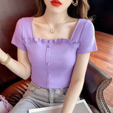 Load image into Gallery viewer, Summer Women&#39;s Clothing 2021 Solid T-shirt For Girls Female Red Casual Tee Top Square Collar Short Sleeve Shirt Fashion Buttons