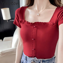 Load image into Gallery viewer, Summer Women&#39;s Clothing 2021 Solid T-shirt For Girls Female Red Casual Tee Top Square Collar Short Sleeve Shirt Fashion Buttons