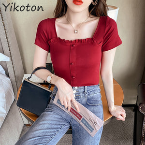 Summer Women's Clothing 2021 Solid T-shirt For Girls Female Red Casual Tee Top Square Collar Short Sleeve Shirt Fashion Buttons