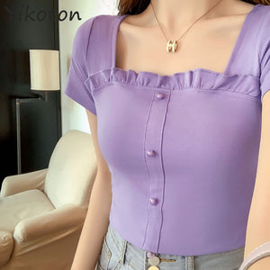 Summer Women's Clothing 2021 Solid T-shirt For Girls Female Red Casual Tee Top Square Collar Short Sleeve Shirt Fashion Buttons