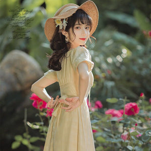 Summer Women's French Retro Yellow Sweet First Love Dress Waist Was Thin And Temperament Skirt Fairy Super Fairy Forest Dress