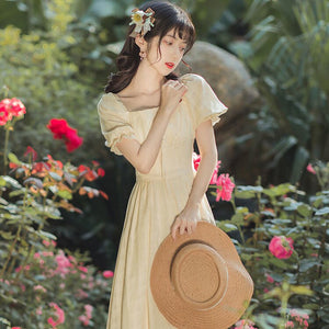 Summer Women's French Retro Yellow Sweet First Love Dress Waist Was Thin And Temperament Skirt Fairy Super Fairy Forest Dress