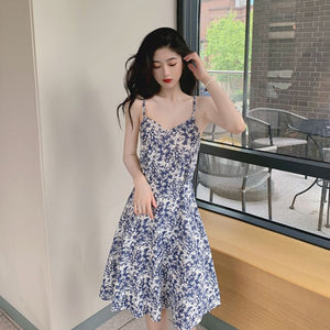 Summer Women's New Drawstring Skirt Bohemian Print Sexy Casual Fashion Holiday Skirt Sexy V-neck Open Back Knee Length Dress