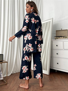 Summer Women&#39;s Print Sleepwear Floral Dressing Gown 3pcs Robe Set Long Pant Pajamas Lounge Wear