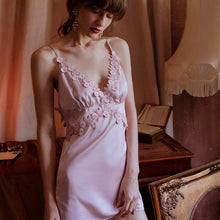 Load image into Gallery viewer, Summer Womens Sleepwear Lace-up Cutout Flower V-Neck Nightdress Back Slit Silky Pajamas Comfortable Lace Bifurcation Nightwear