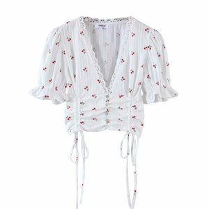 Summer button up shirts for women sexy lace blouse women casual short sleeve white top cute puff sleeve top cropped shirt v neck