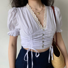 Load image into Gallery viewer, Summer button up shirts for women sexy lace blouse women casual short sleeve white top cute puff sleeve top cropped shirt v neck