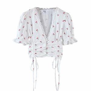 Summer button up shirts for women sexy lace blouse women casual short sleeve white top cute puff sleeve top cropped shirt v neck
