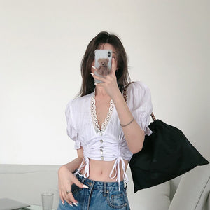 Summer button up shirts for women sexy lace blouse women casual short sleeve white top cute puff sleeve top cropped shirt v neck