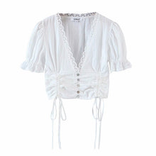 Load image into Gallery viewer, Summer button up shirts for women sexy lace blouse women casual short sleeve white top cute puff sleeve top cropped shirt v neck