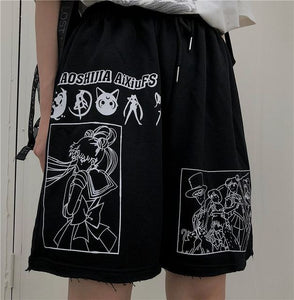 Summer pants streetwear cartoon Comic black shorts letters print high waist shorts Casual loose elastic waist Straight shorts
